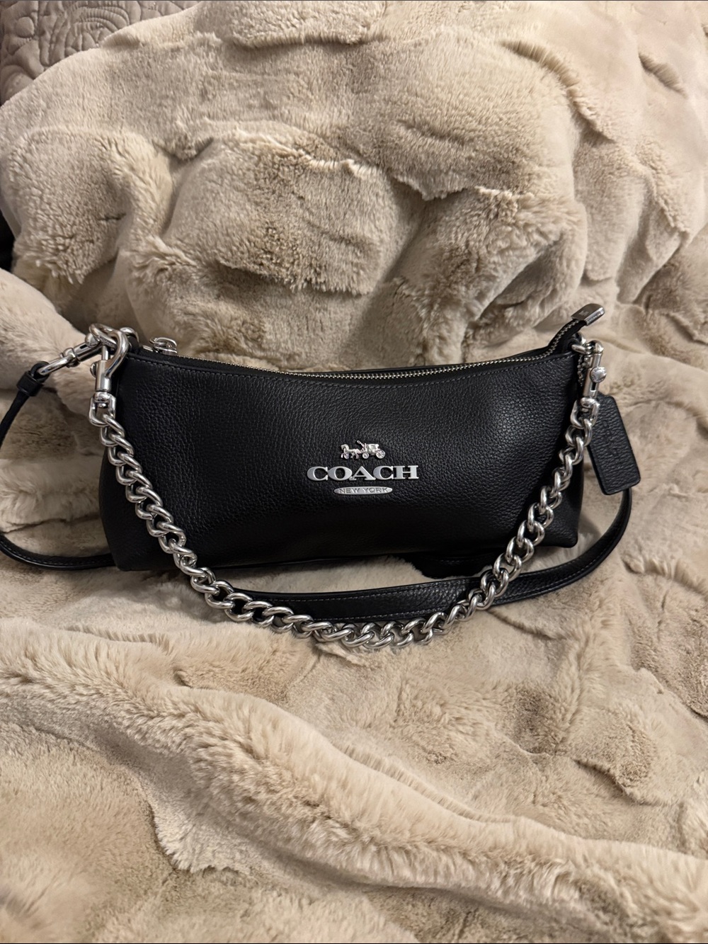Coach Black Leather Crossbody with Silver Chain